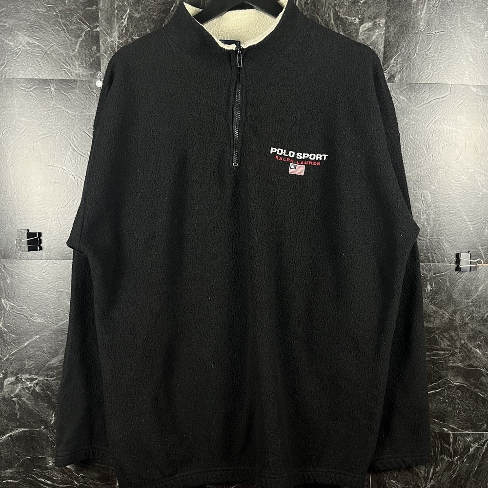 Polo Ralph Lauren Men's Black Vtg Sport Fleece Quarter Sweatshirt XL -Flaws